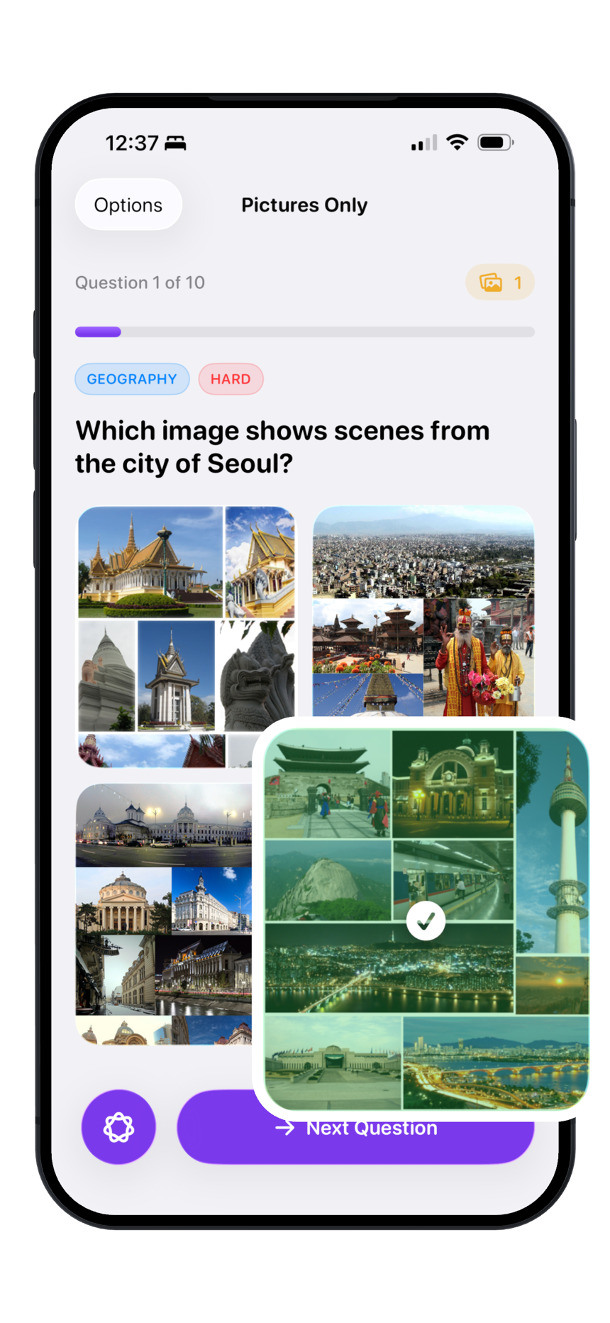 Trivi picture question asking which image shows scenes from Seoul.