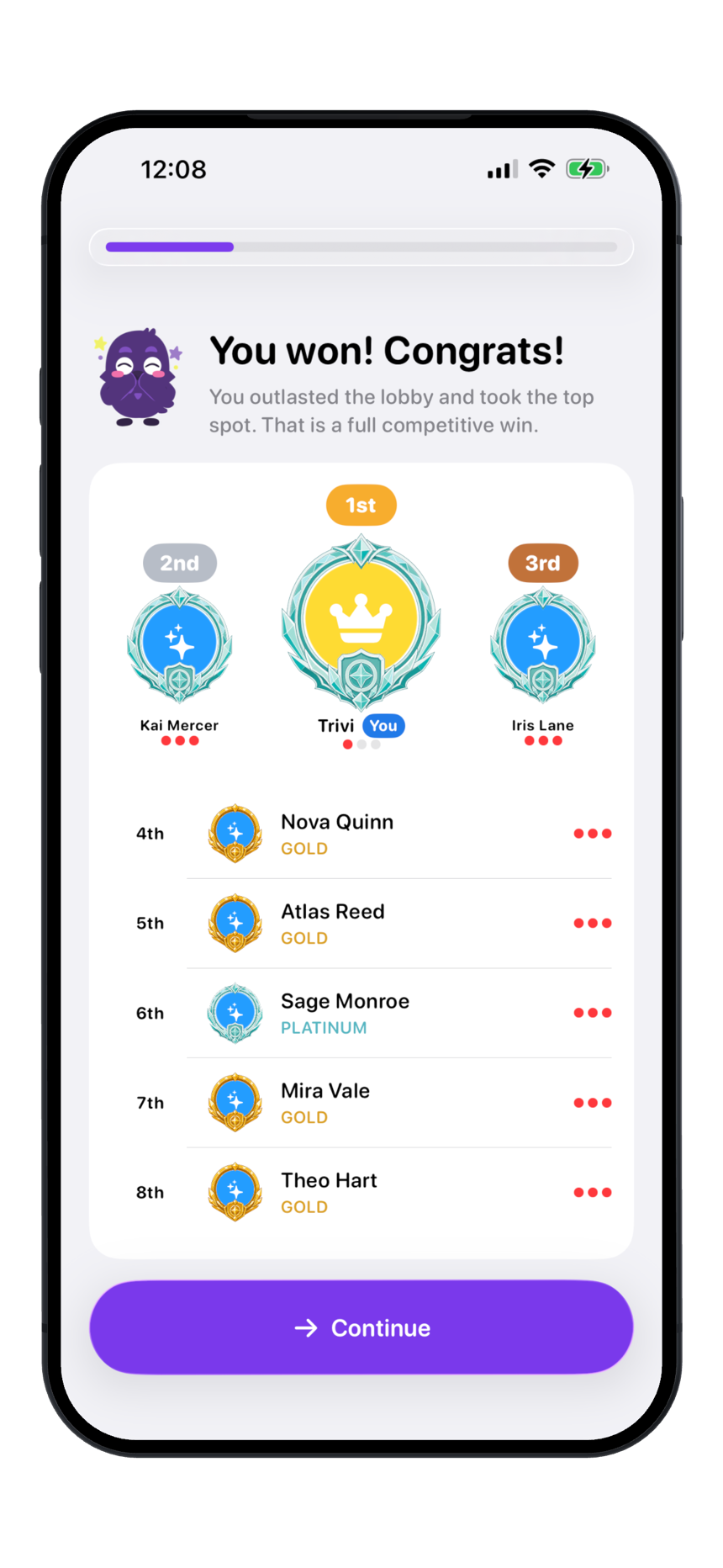 Trivi ranked results screen showing a first place finish and leaderboard placements.